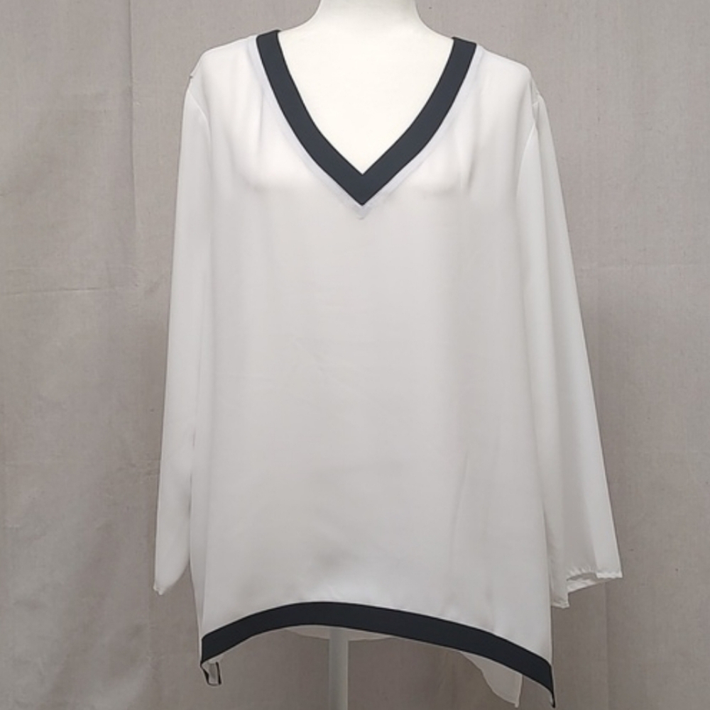 Elegant White V-Neck Blouse with Black Trim